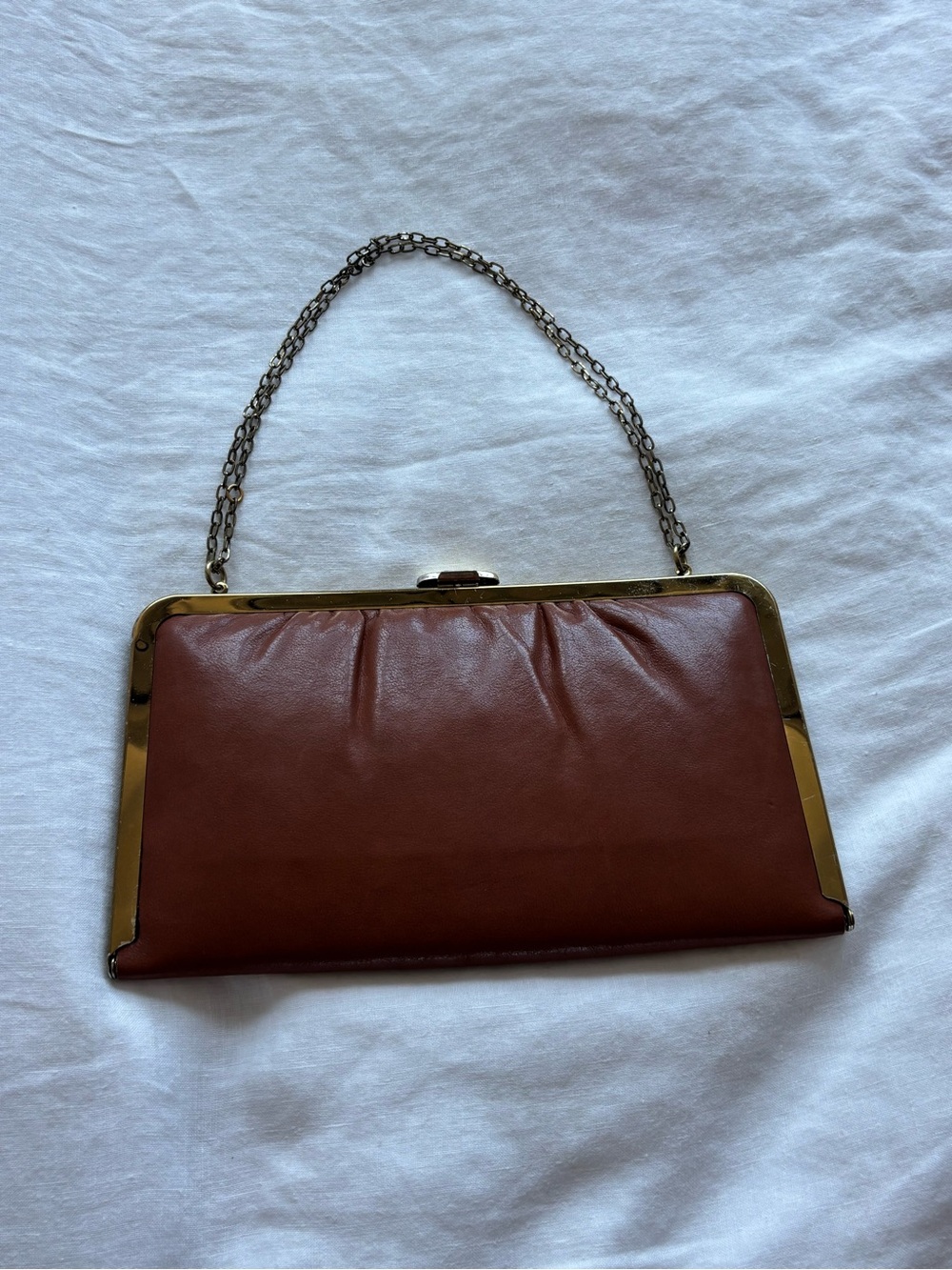 Vintage genuine Leather Frame-Top Evening Bag with Chain Handle